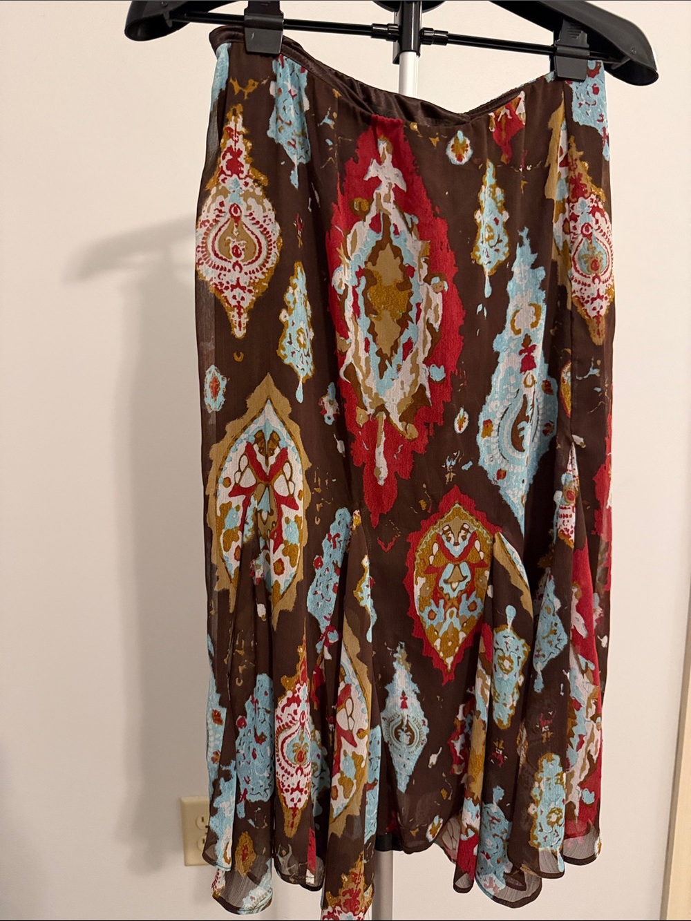 Cato Brown Knee Length Skirt with Red and Aqua Medallion Print